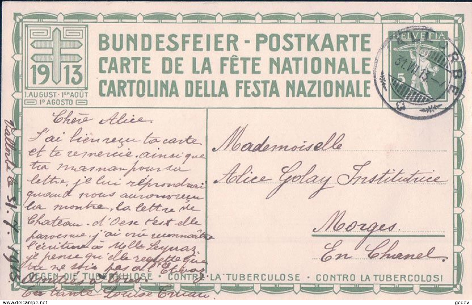 Befreiungskämpfe 1798, Carte Fête Nationale 1913 Circulée, Litho (31.7.1913) - Equipaggiamenti