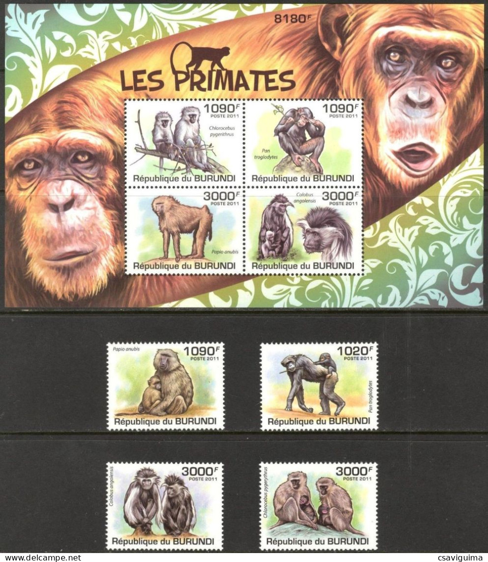 Burundi - 2011 - Monkeys - Yv 1245/48 + Bf 162 - Monkeys