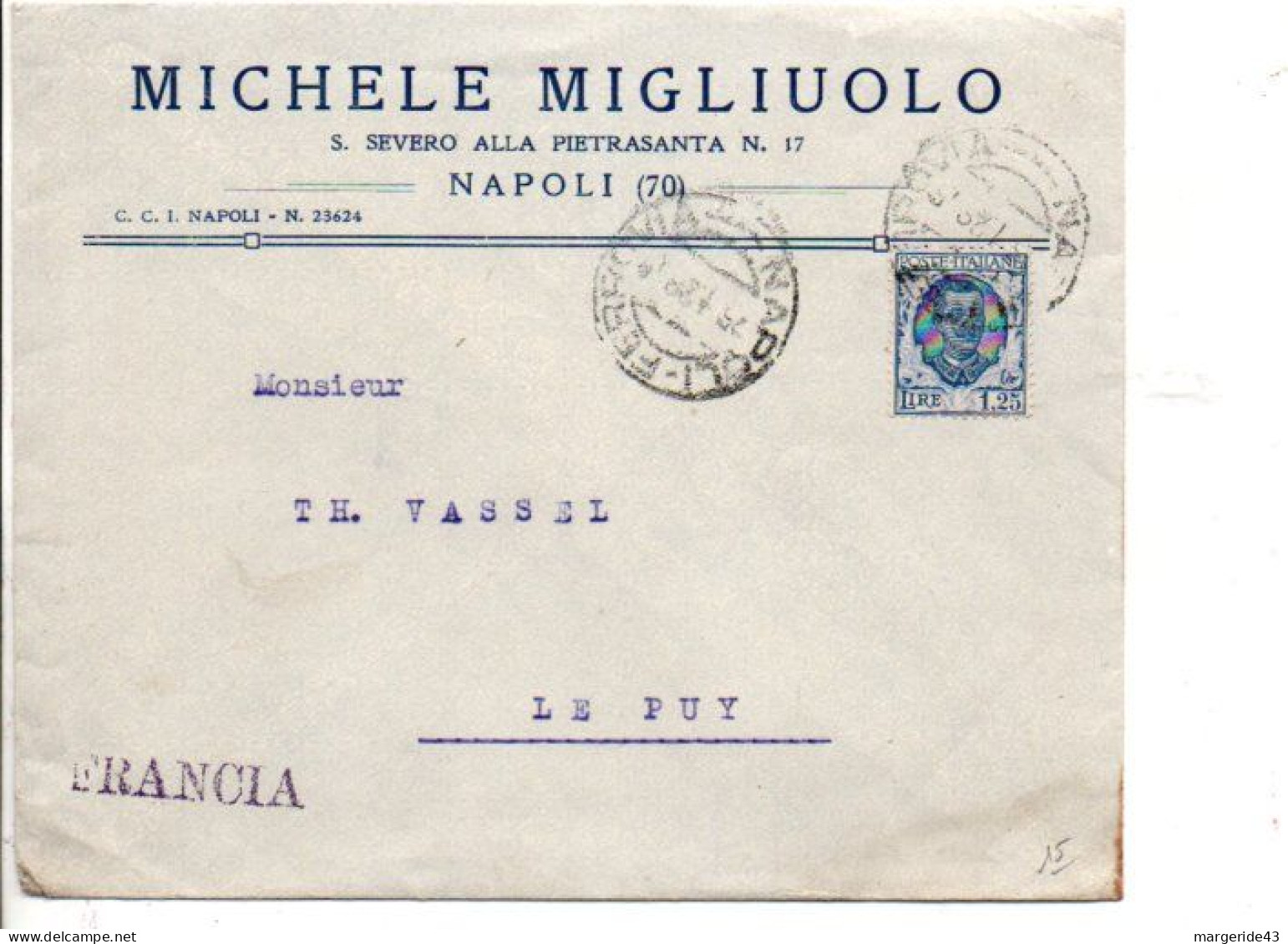 ITALIE SEUL SUR LETTRE A EN TETE DE NAPOLI POUR LA FRANCE - 1946-60: Storia Postale