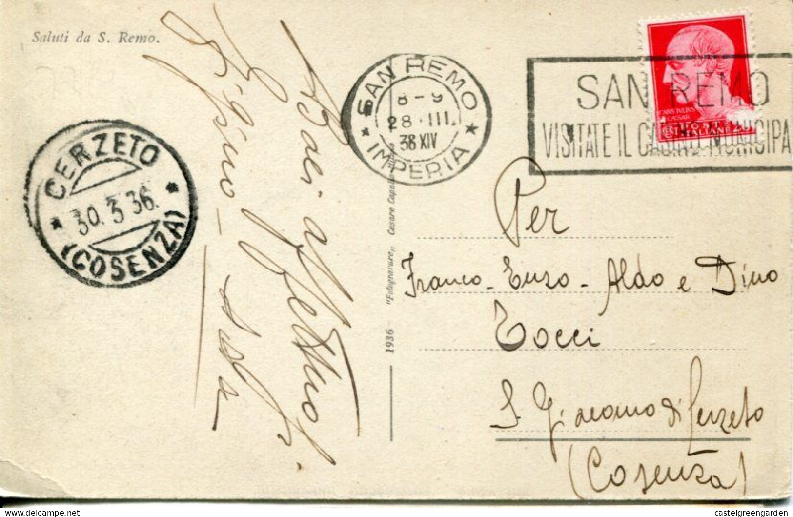 X0186 Italia,special Postmark San Remo 1936 Visitate Il Casinò Municipale,visitez Le Casino,visit The Casino - Non Classificati