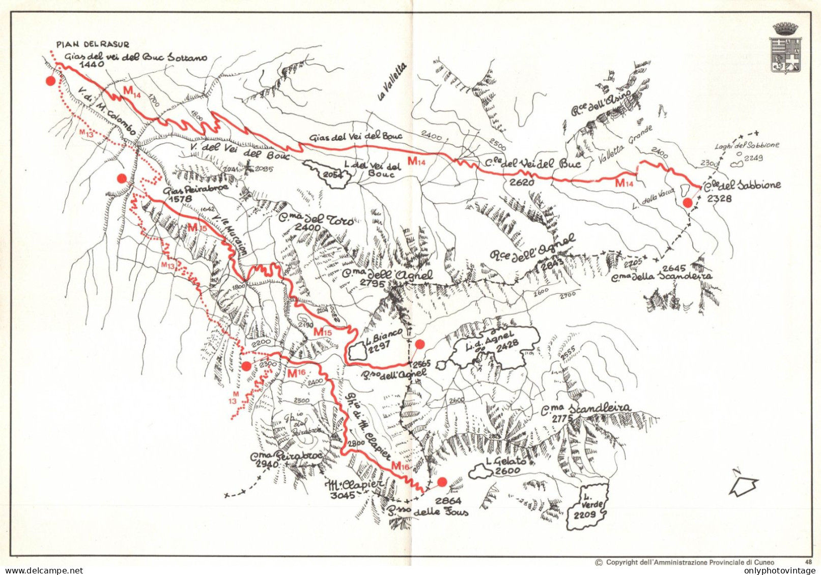 Colle Del Sabbione, Lago Bianco. Cartina Sentieri Alpini Provincia Cuneo - Carte Geographique