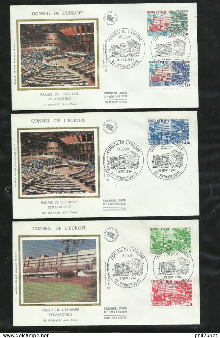 3 FDC Lettres Illustrées Premier Jour Strabourg 19/11/1983 Service N°77/78 & 10/11/1984 N°82/84 Conseil De L'Europe B/TB - 1980-1989