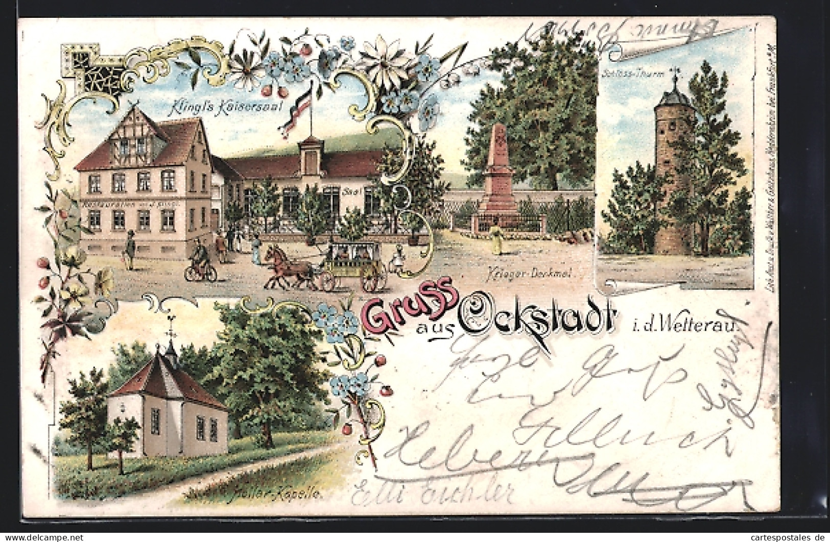 Lithographie Ockstadt I. D. Wetterau, Restaurant Klingls Kaisersaal, Hollar-Kapelle, Schloss-Turm  - Wetterau - Kreis