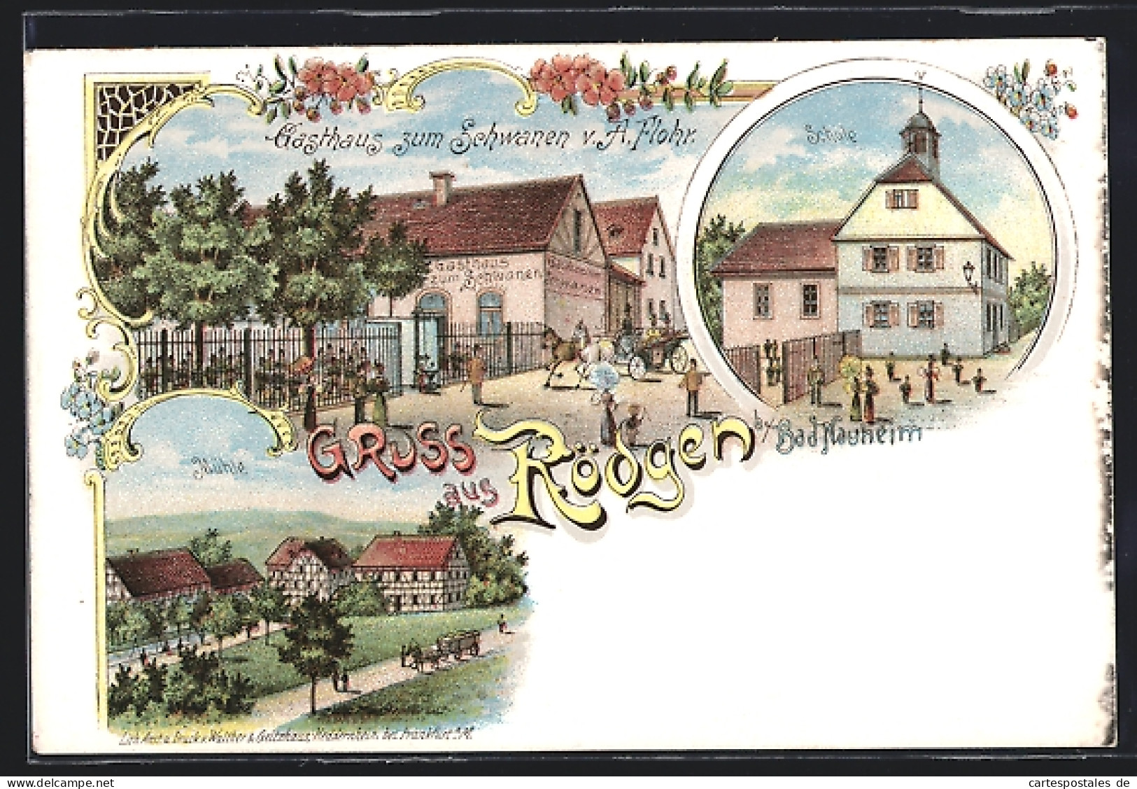 Lithographie Rödgen / Bad Nauheim, Gasthaus Zum Schwanen V. A. Flohr, Schule, Mühle  - Bad Nauheim