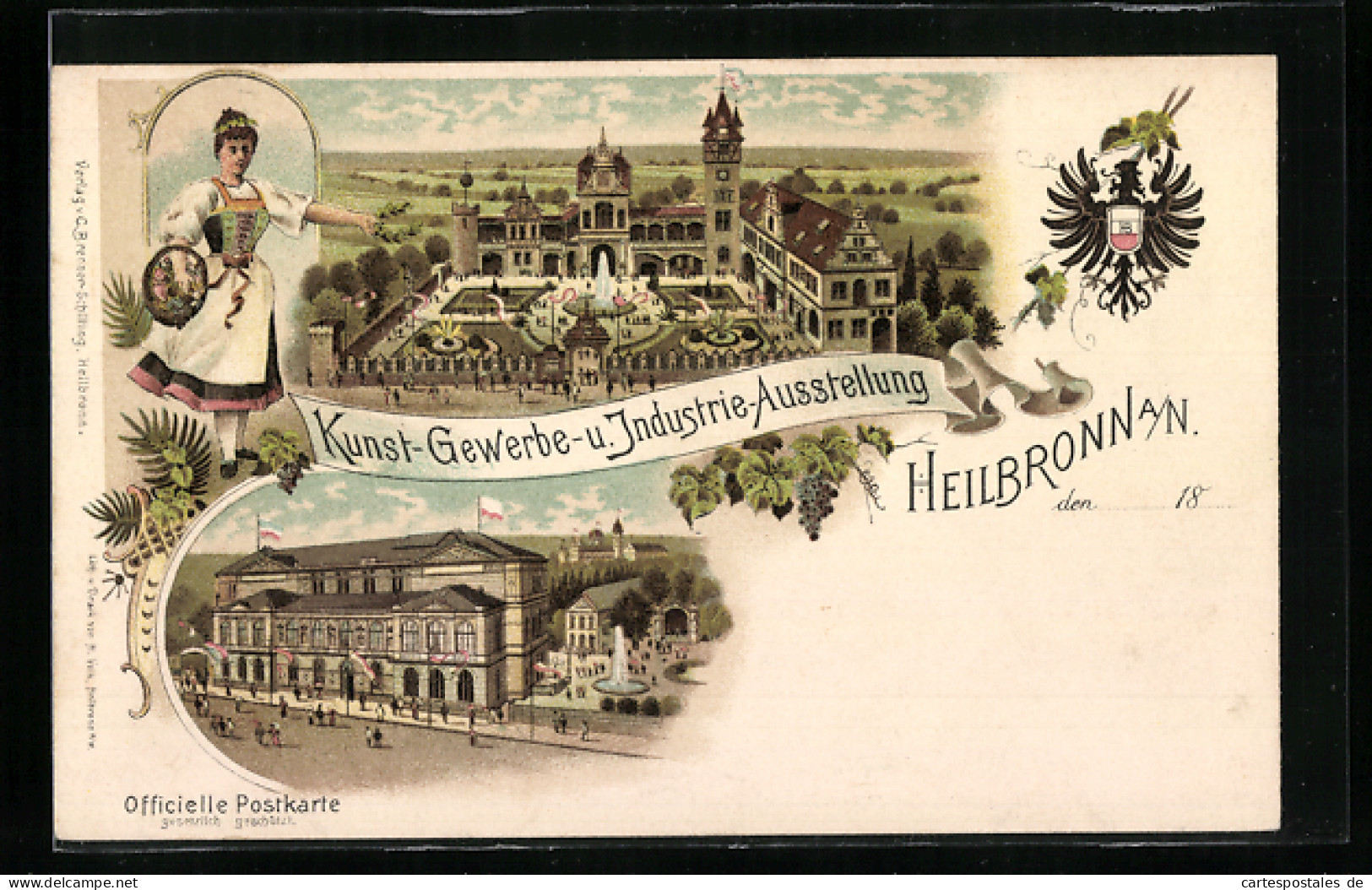 Lithographie Heilbronn, Industrie-Gewerbe- Und Kunst-Ausstellung 1897, Ausstellungsgebäude, Trachtenmädchen, Wappen  - Expositions