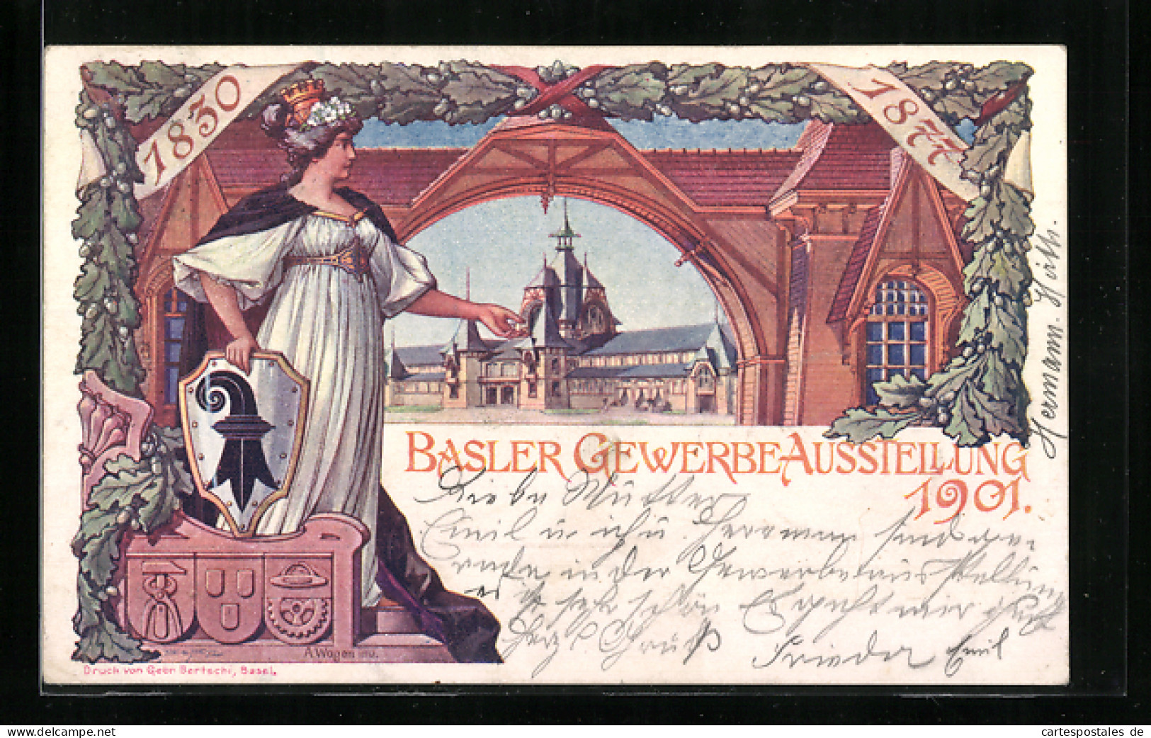 AK Basel, Gewerbe-Ausstellung 1901, Helvetia Mit Wappenschild, Ausstellungsgebäude  - Expositions