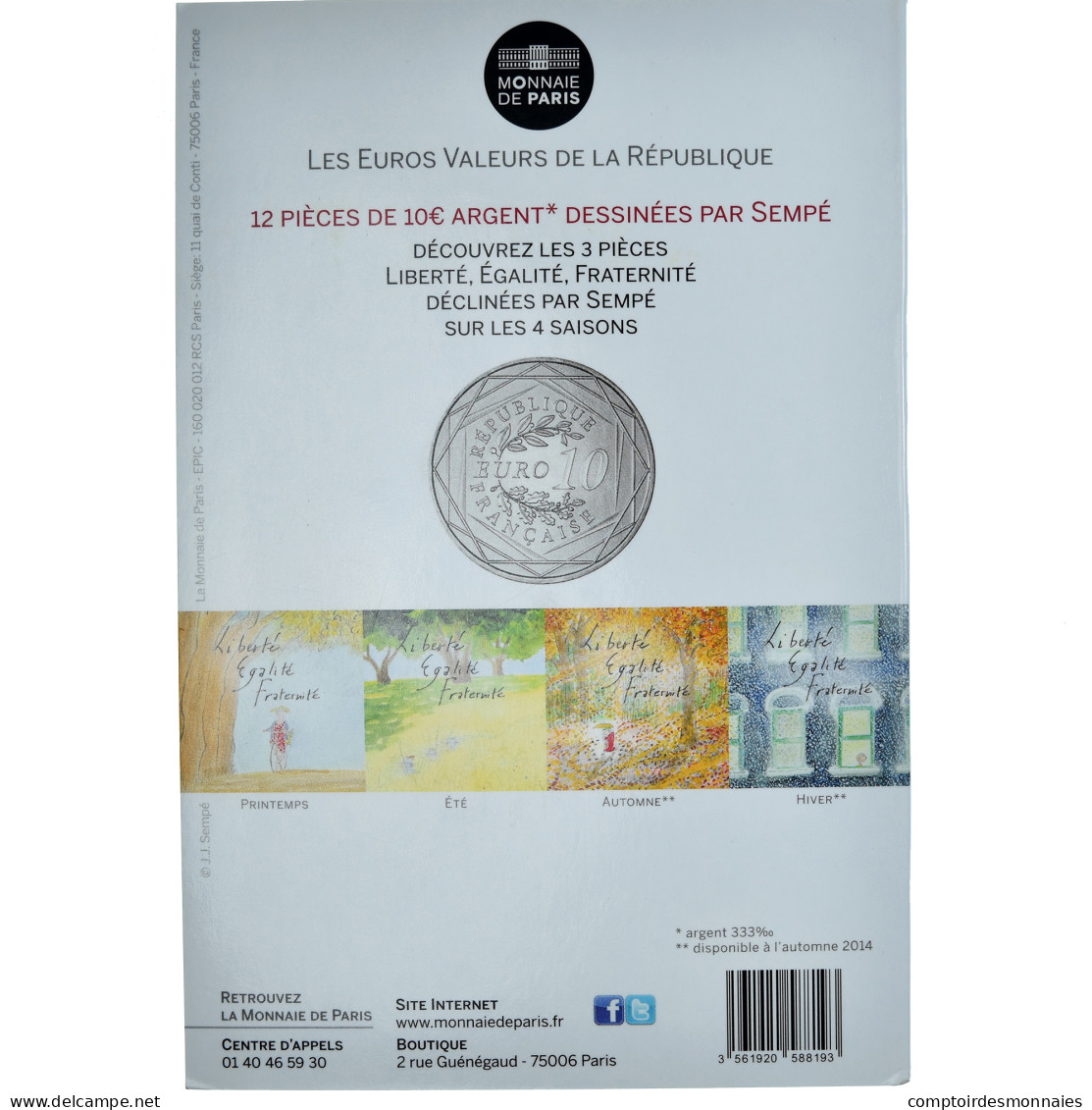 France, Sempé - Fraternité, 10 Euro, 2014, SEMPÉ - FRATERNITÉ, FDC, Argent - France