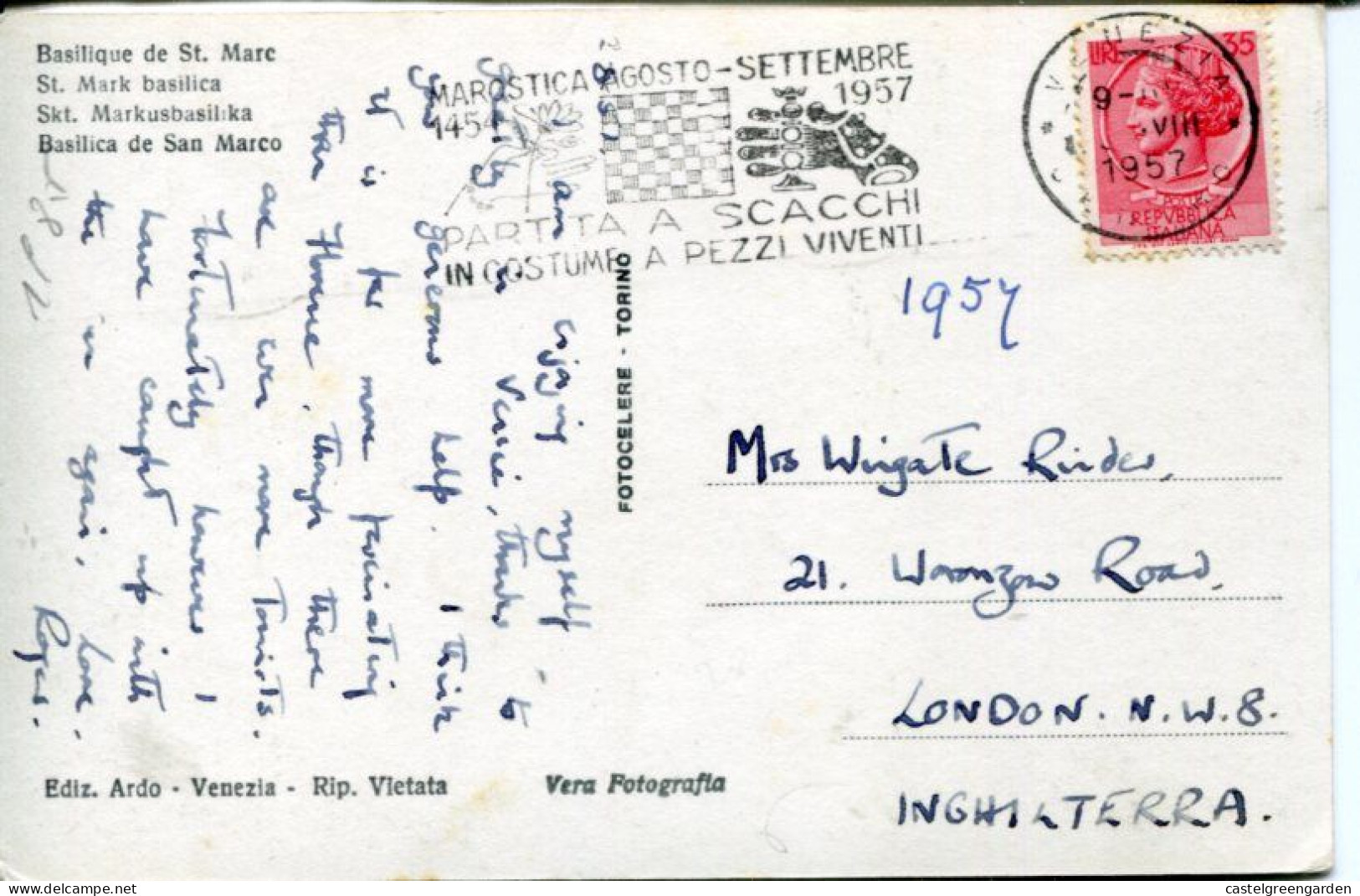 X0187 Italia,special Postmark Venezia 1957 Partita Scacchi Marostica,Marostica Chess Game,schachspiele, - Echecs