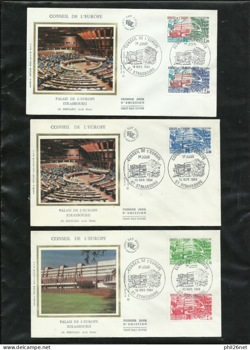 3 FDC Lettres Illustrées Premier Jour Strabourg 19/11/1983 Service N°77/78 & 10/11/1984 N°82/84 Conseil De L'Europe B/TB - 1980-1989