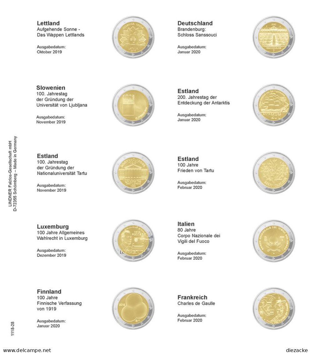 Lindner Vordruckblatt Karat Für 2 Euro-Münzen 1118-28 Neu - Supplies And Equipment