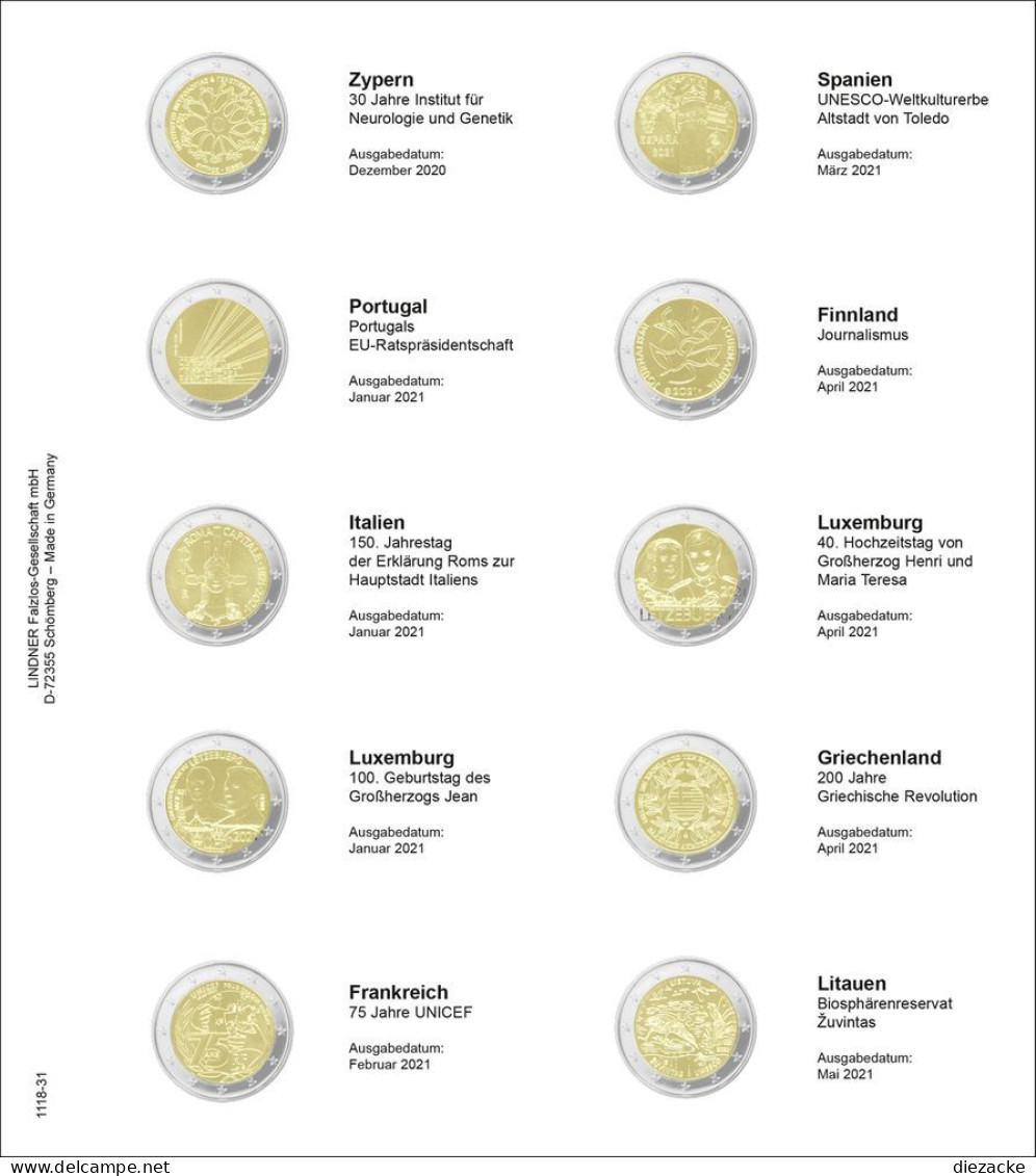 Lindner Vordruckblatt Karat Für 2 Euro-Münzen 1118-31 Neu - Matériel