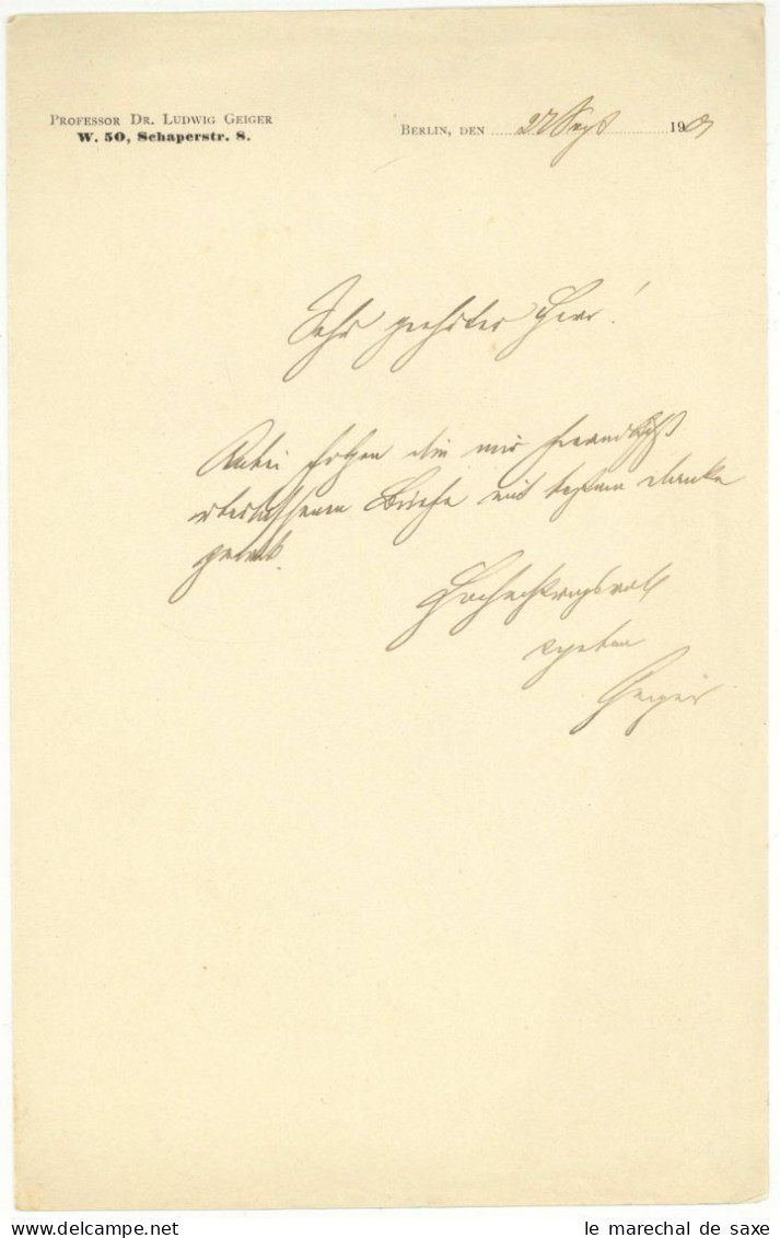 Ludwig Geiger (1848-1919) Literaturhistoriker Reformjudentum Autograph Berlin 1901 - Inventeurs & Scientifiques