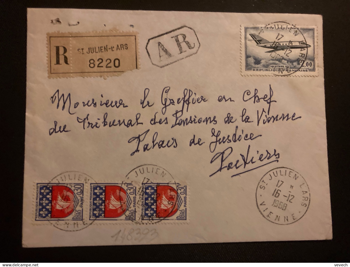 LR AR TP MYSTERE 20 2,00 + BLASON PARIS 0,30 Bande De 3 OBL.16-12 1968 ST JULIEN L'ARS VIENNE (86) - 1961-....