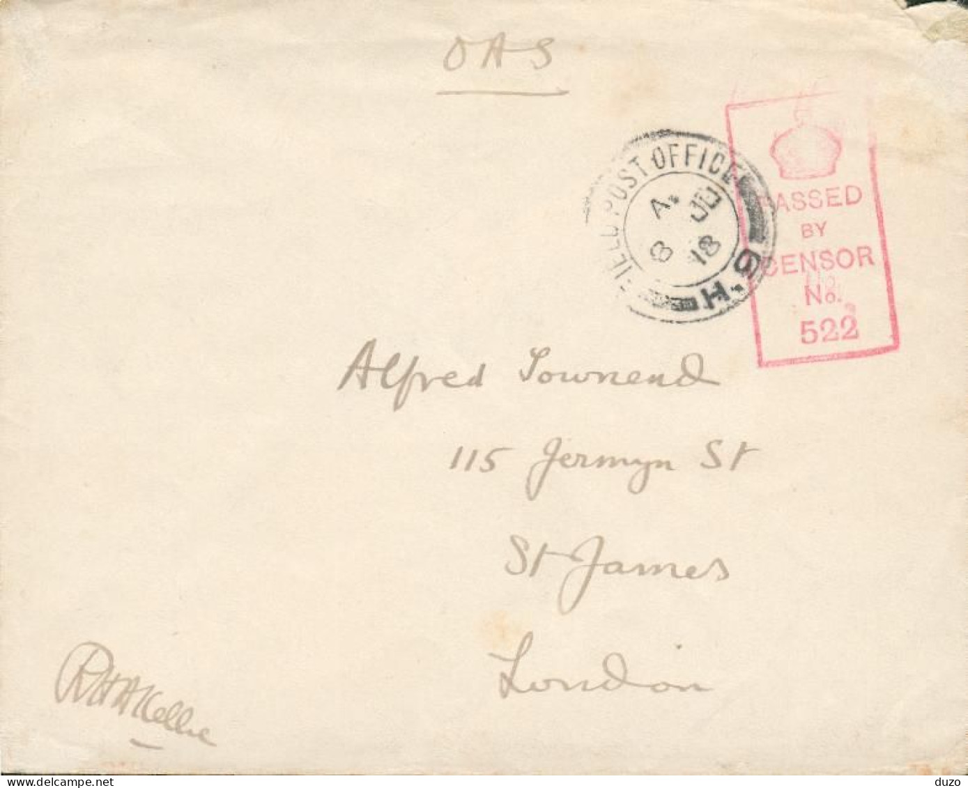 Field Post Office H.9. Du 8 Juin 1918  Censure 522 -  Pour Londres - Voir Descriptif - Other & Unclassified