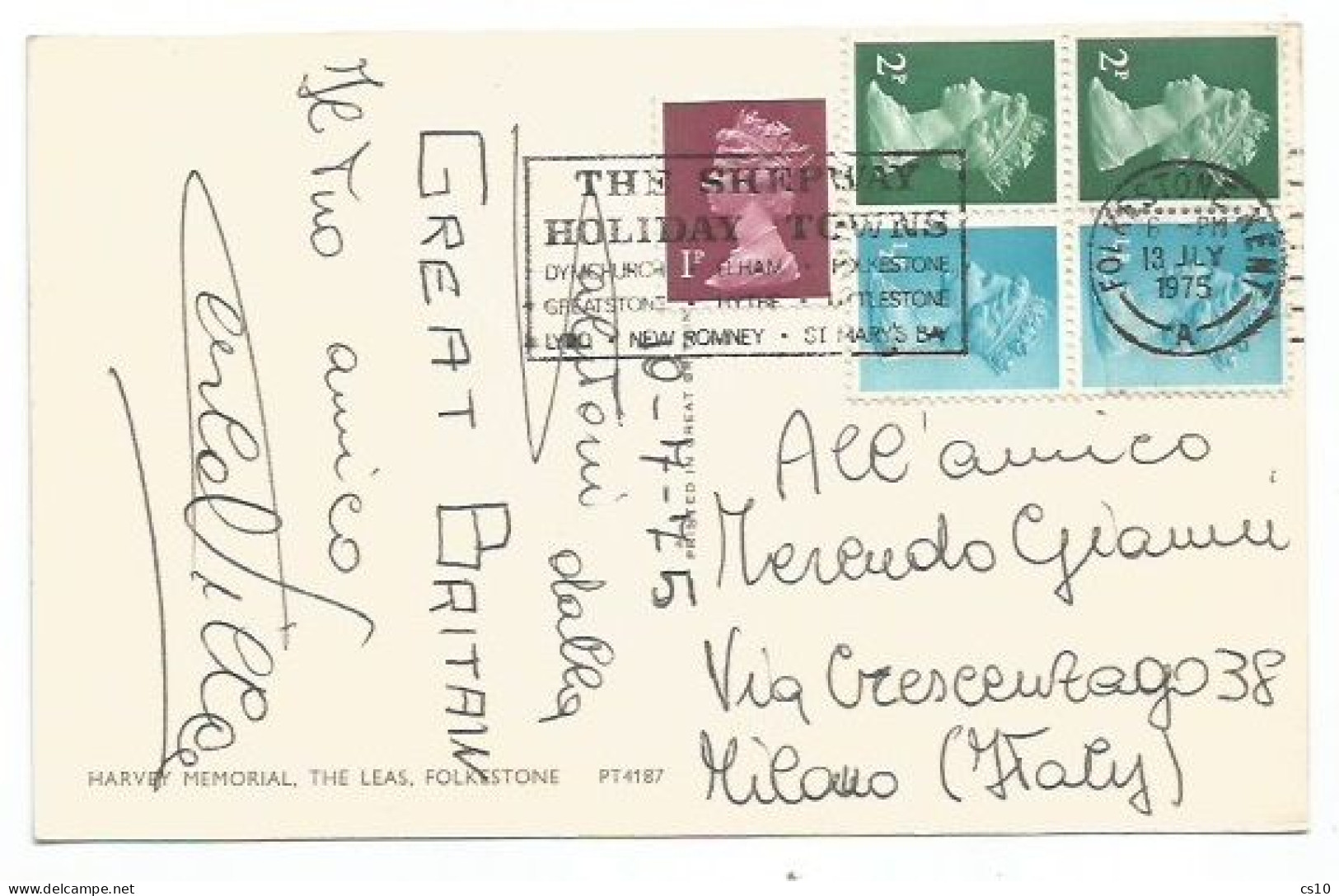 UK Britain Booklet Pane Machins (p2+2+1/2+1/2) + P1 - Franking Pcard Folkstone 13jul1975 X Italy - Lettres & Documents