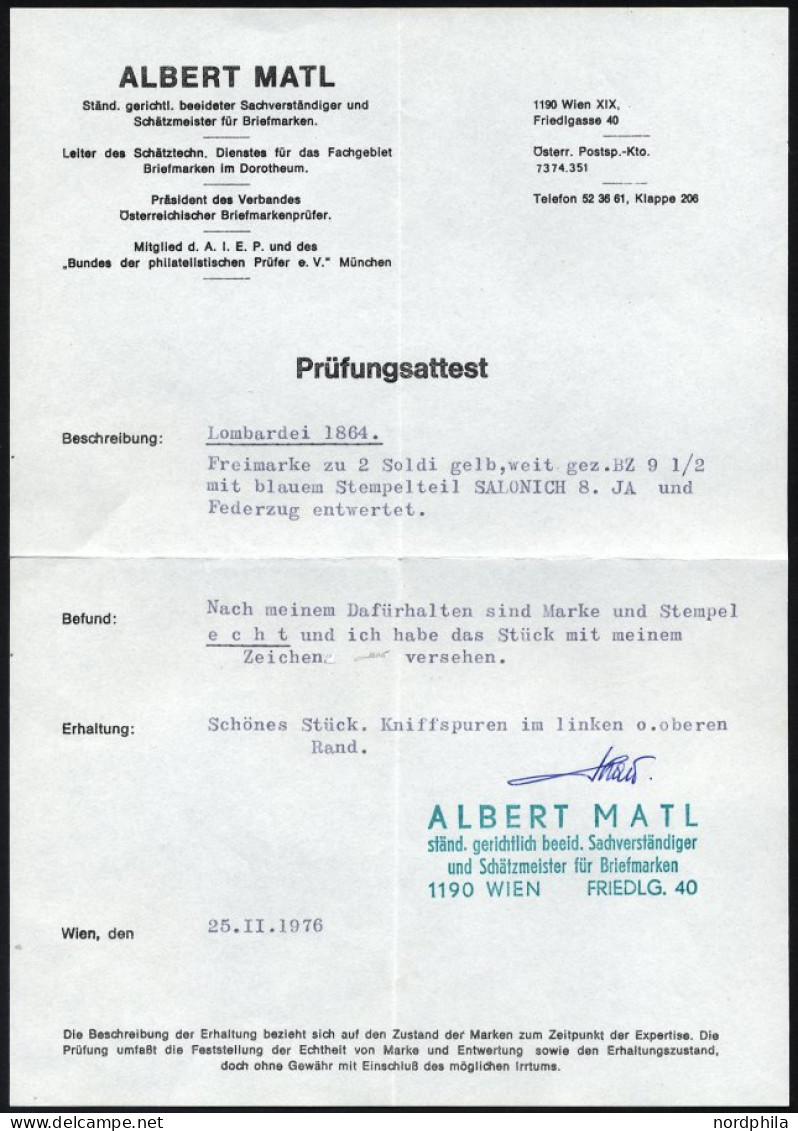 POST IN DER LEVANTE V 19 O, Vorläufer: 1864, 2 So. Gelb, Blauer L2 SALONICH Und Federzug, Belangloser Randknitter, Prach - Oostenrijkse Levant