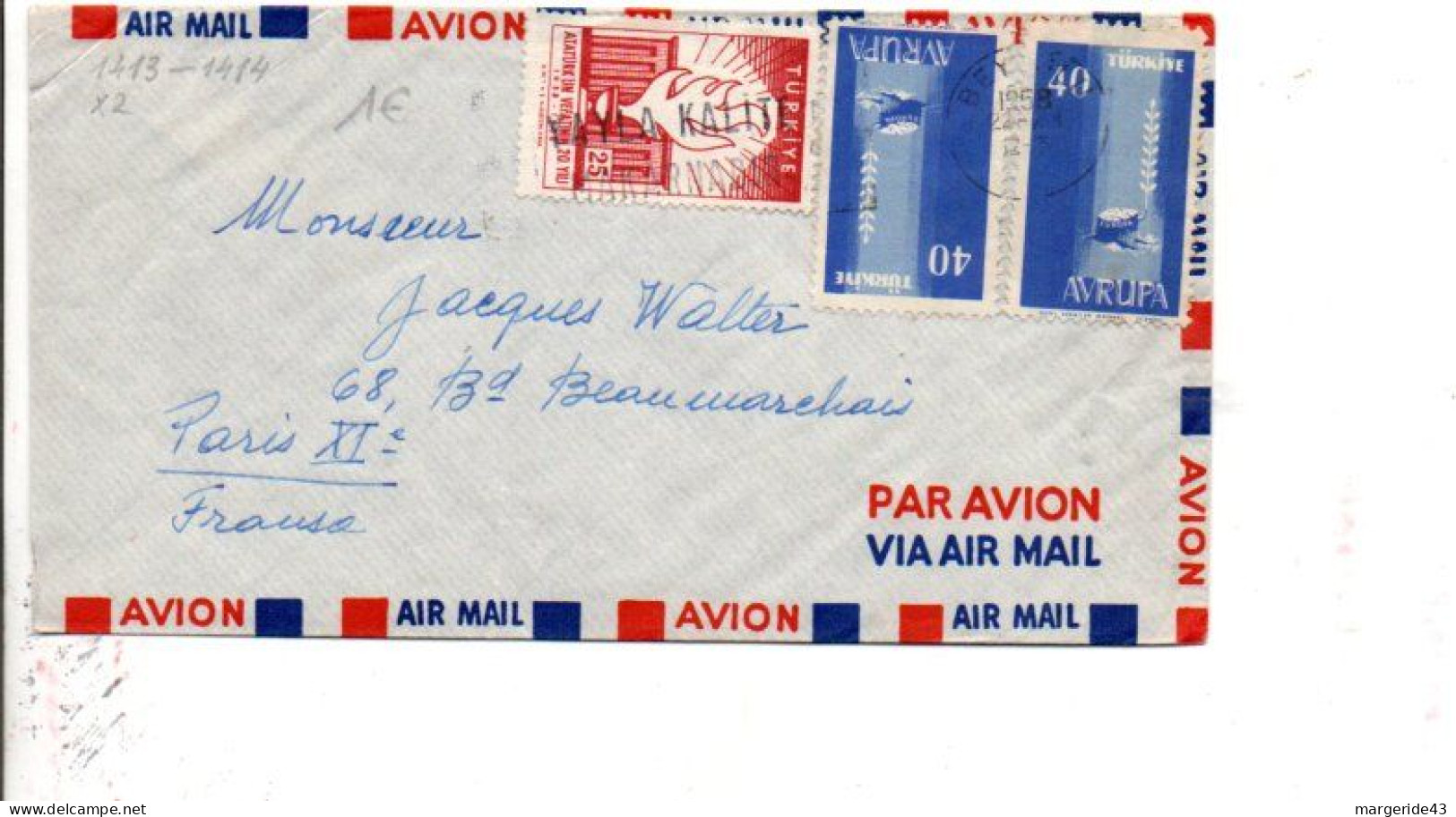 TURQUIE AFFRANCHISSEMENT COMPOSE SUR LETTRE AVION POUR LA FRANCE 1958 - Lettres & Documents