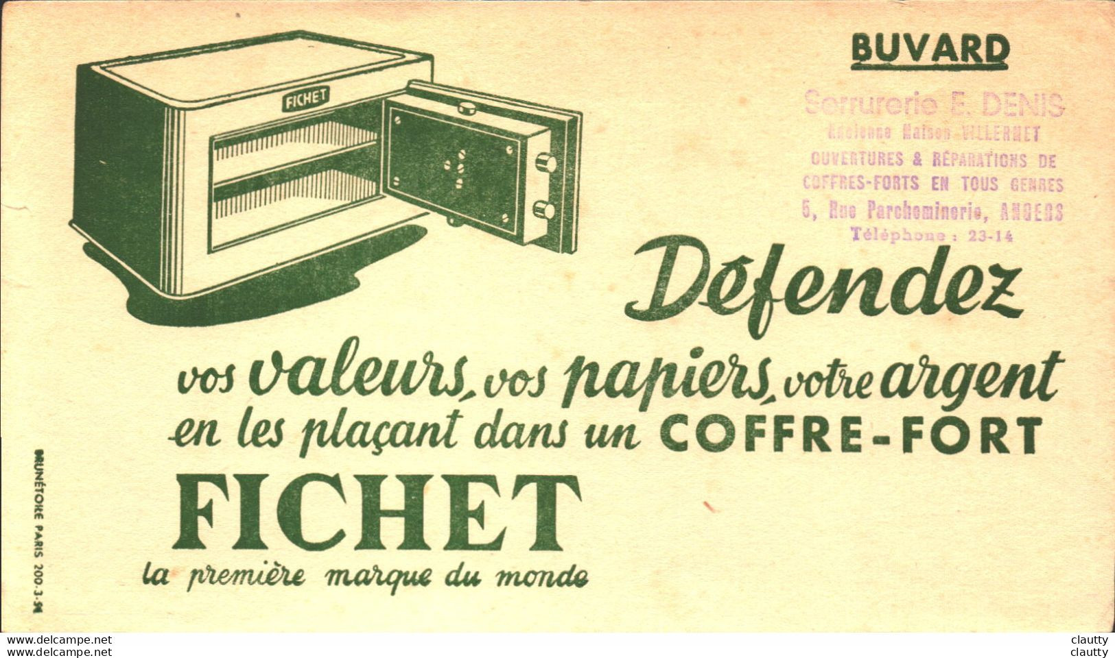 Buvard Fichet , Coffre-fort , Publicité Serrurerie Denis Angers - Banque & Assurance