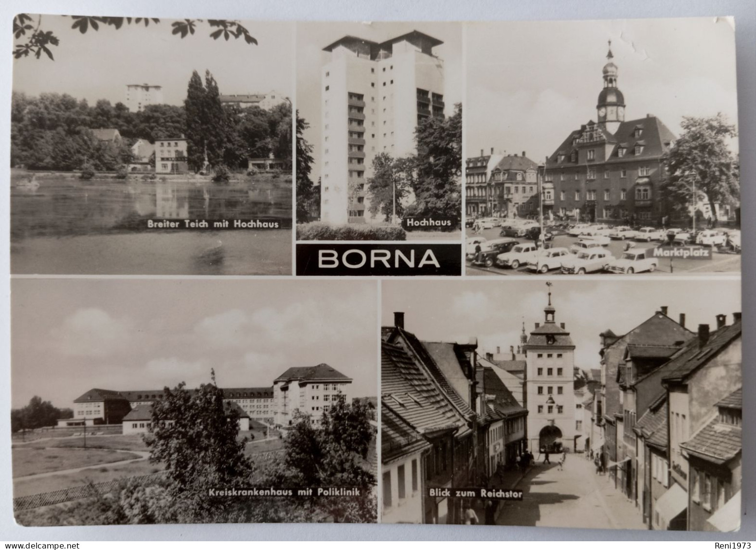 Borna, 5 Ansichten, Hochhaus, Marktplatz, Autos, Krankenhaus, 1968 - Borna