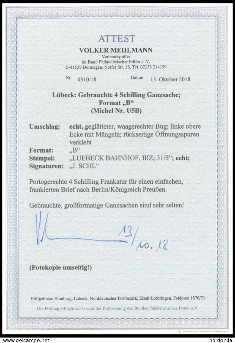 LÜBECK U 5B BRIEF, 4 S. Braun Ganzsachenumschlag Im Format B, K2 LUEBECK BAHNHOF III Z Auf Gesiegeltem Brief Nach Berlin - Lubeck