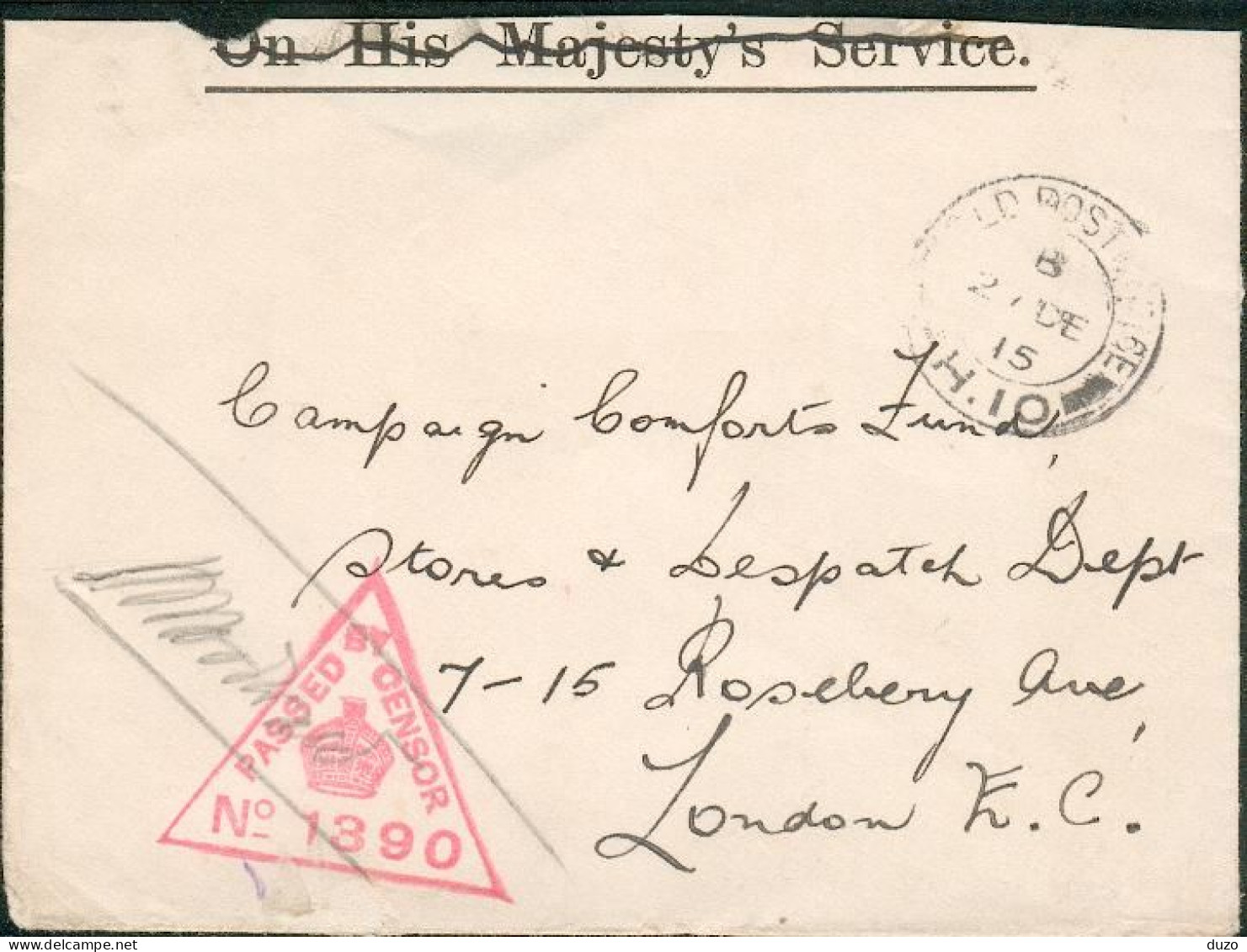 Lettre/Letter - Field Post Office H.10. Du 27 Décembre 1915  Censure 1390 -  Pour Londres - Voir Descriptif - Other & Unclassified