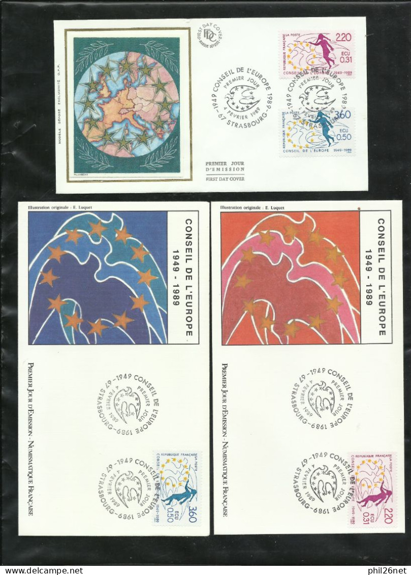 3 FDC Lettres Illustrées Premier Jour Strabourg Le 04/02/1989 Service N° 100 Et 101 Conseil De L'Europe B/TB   Soldé ! ! - 1980-1989