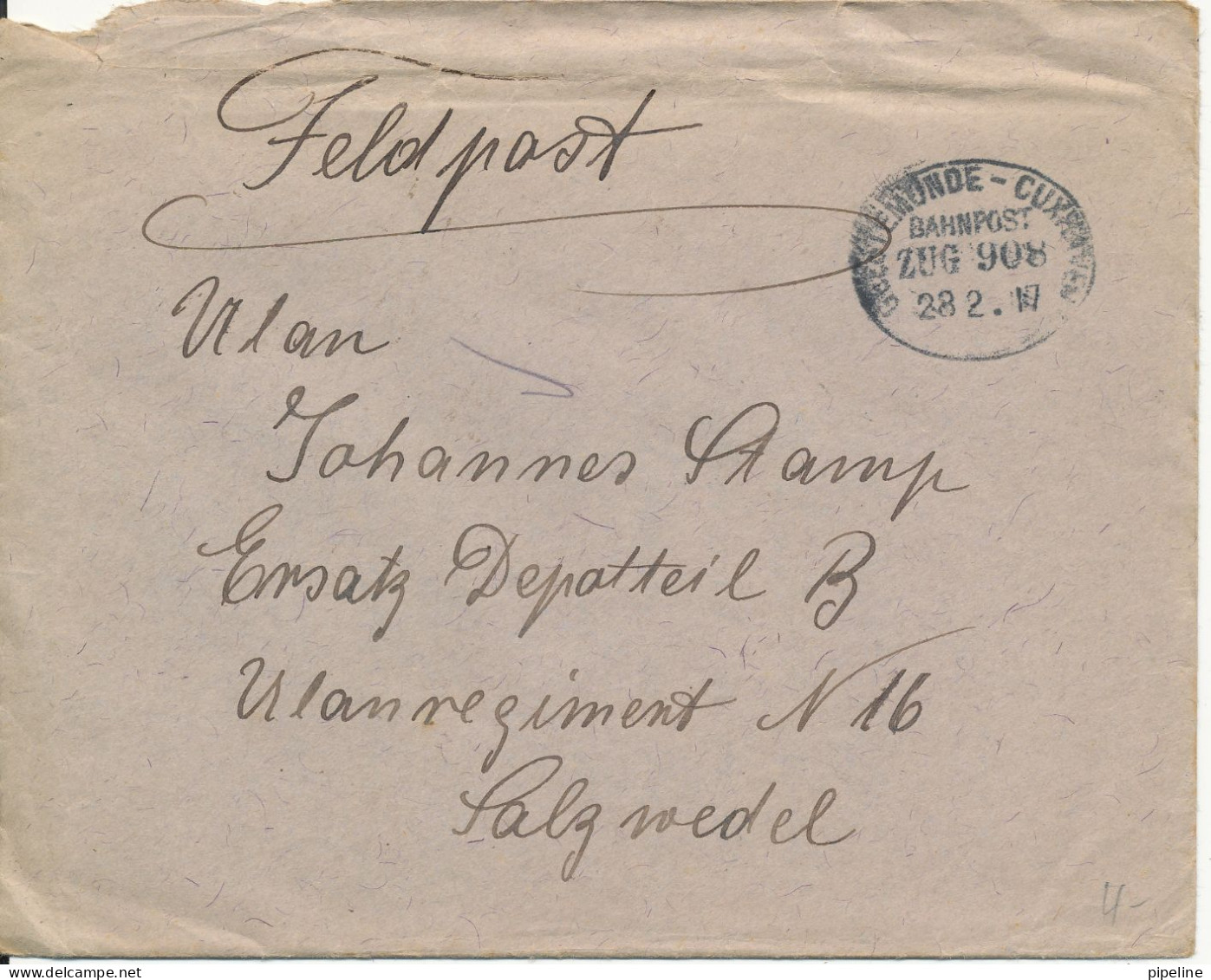 Germany FELDPOST Cover Sent As Bahnpost Zug 908 Geestemünde - Cuxhaven 28-2-1917 Incl. A Letter (cover Is Damaged At The - Cartas & Documentos