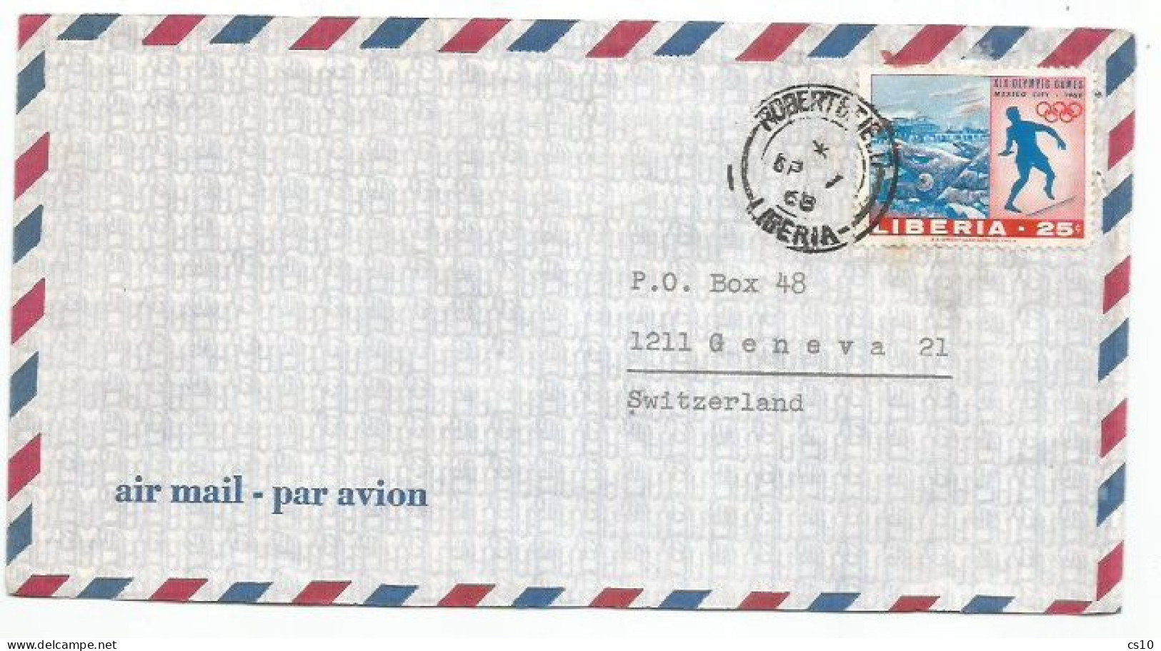 Liberia Airmail Cover Robertsfield 7sep1968 X Suisse With Olympic Games Mexico 1968 C.25 Discus Throw Solo Franking - Liberia