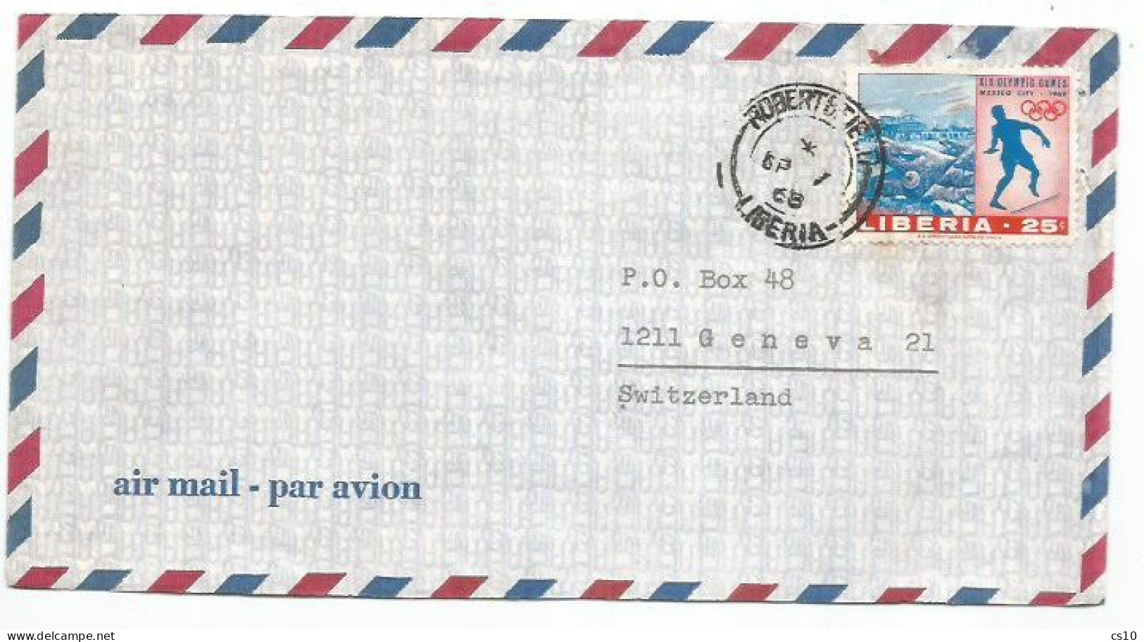 Liberia Airmail Cover Robertsfield 7sep1968 X Suisse With Olympic Games Mexico 1968 C.25 Discus Throw Solo Franking - Atletiek