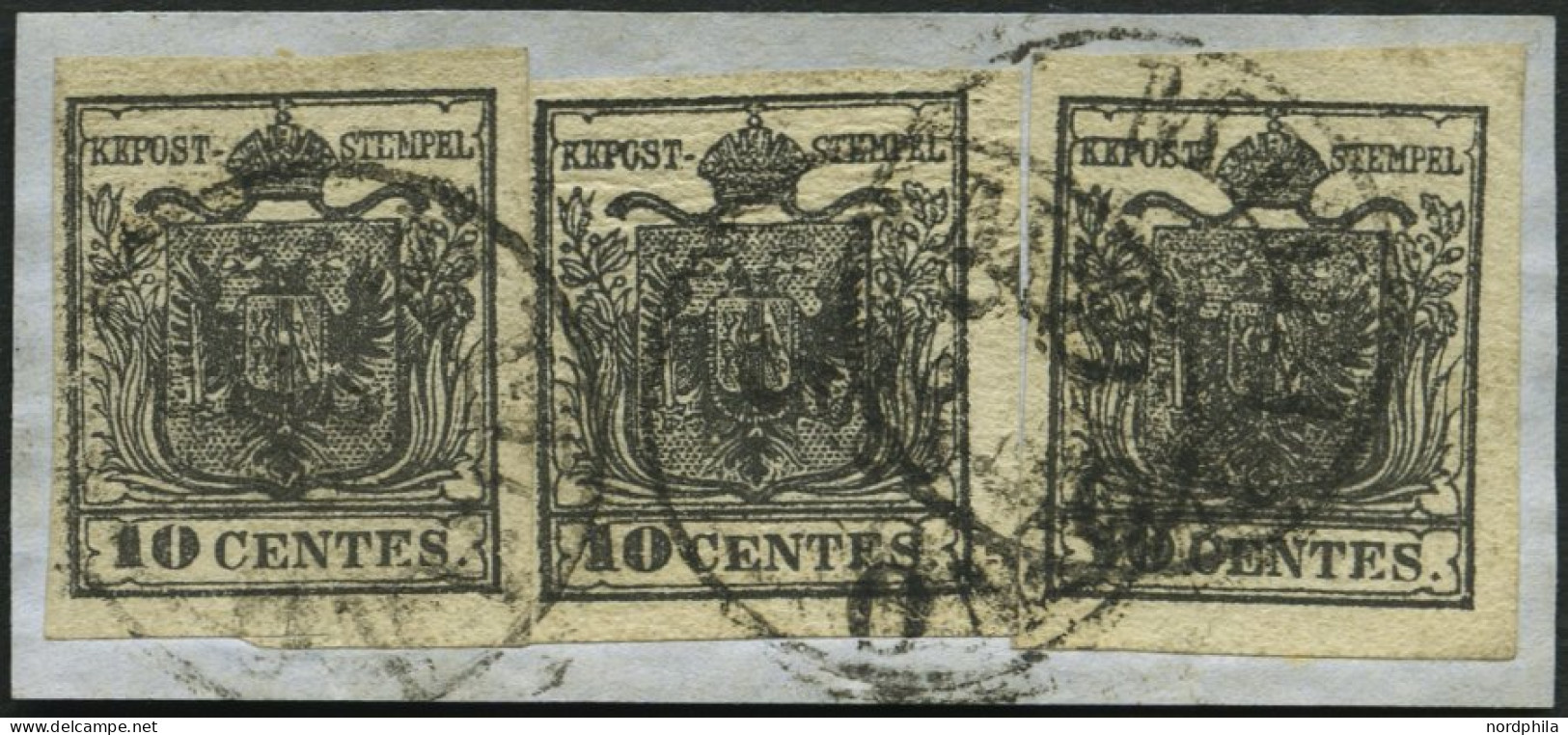 LOMBARDEI UND VENETIEN 2Xa BrfStk, 1850, 10 C. Schwarz, Handpapier, Type Ib, Ia, Ia, Dreifachfrankatur Auf Prachtbriefst - Lombardo-Veneto