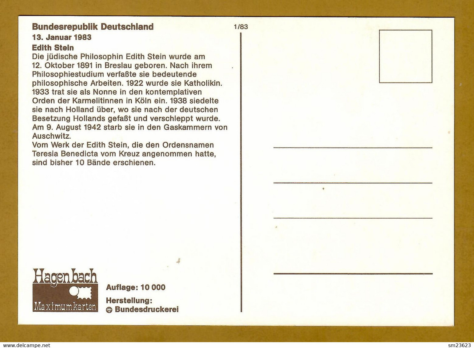 BRD 1983  Mi.Nr. 1162 ,  Edith Stein - Maximum Card - Erstausgabe Bonn 13.01.1983 - 1981-2000