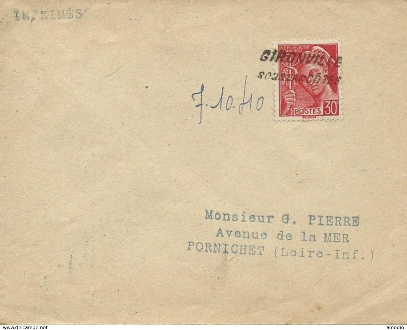 France YT 412a Type II Tarif Imprimé, Annulation Gironville Sous Les Côtes , Verso Cachet Horodateur Pornichet 10/10/40 - Manual Postmarks