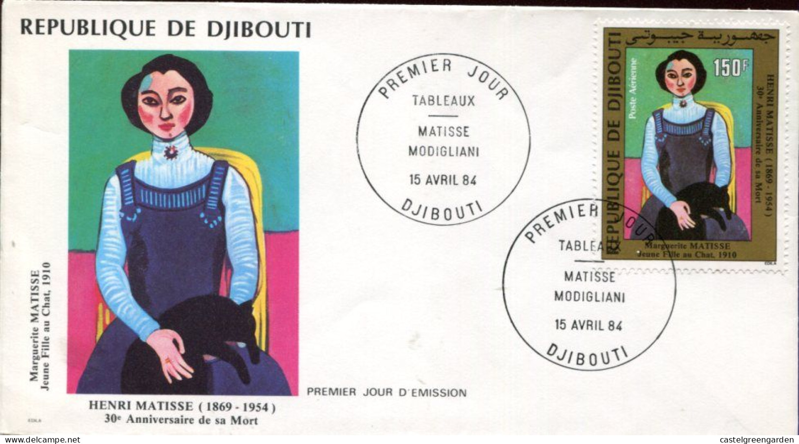 X0193 Dijbouti, Fdc 1984 Painting Of Henri Matisse, Showing Jeune Fille Au Chat,girl With Cat,Mädchen Mit Katze - Impressionismo