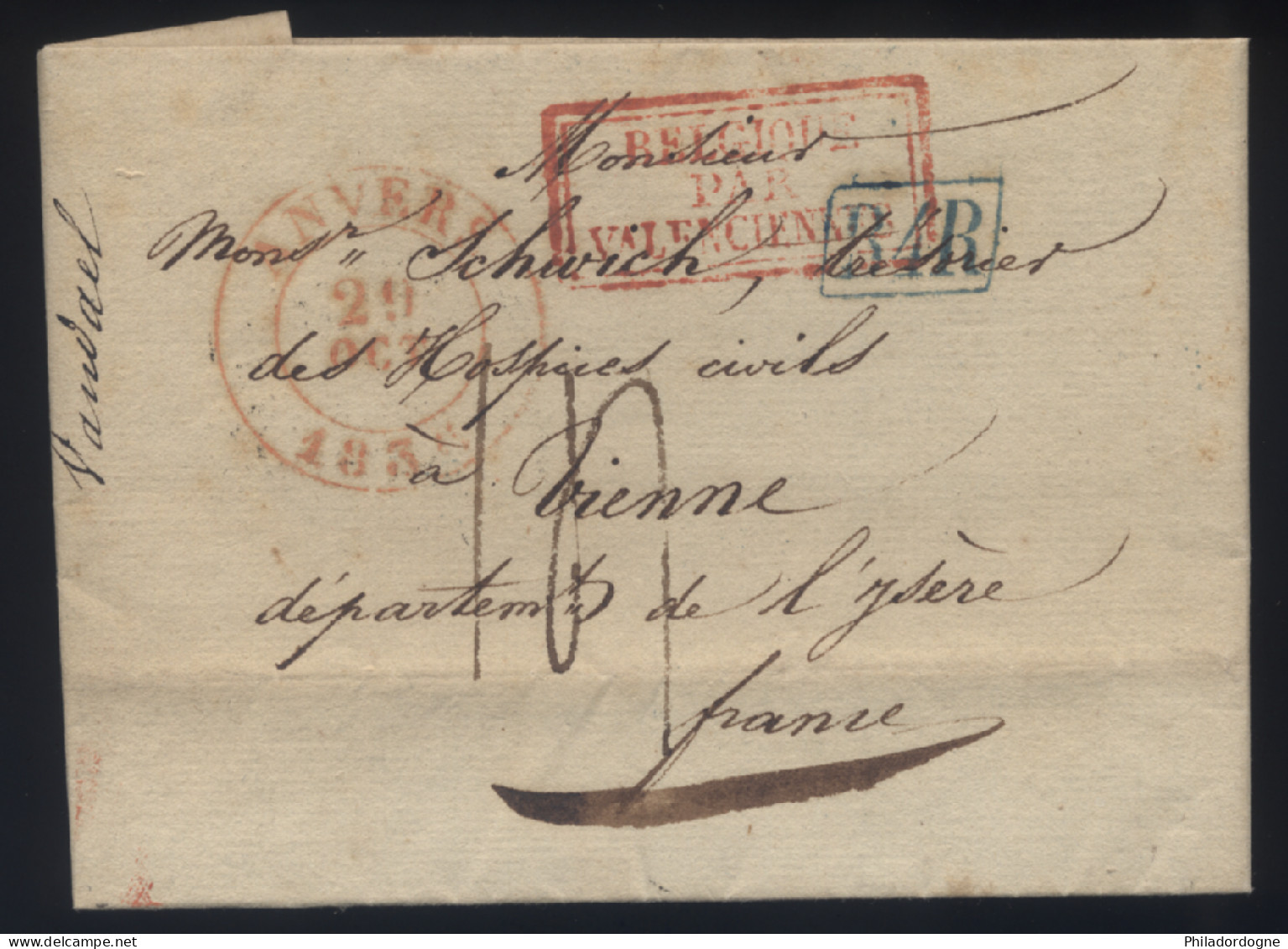 Belgique - LaC Cachet Rouge Anvers Entrée Belgique Par Valenciennes B4R Bleu Pour Vienne Isère - 27/11/1836 - 1830-1849 (Belgica Independiente)