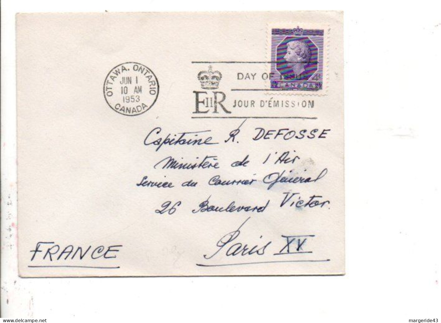 CANADA LETTRE FDC POUR LA FRANCE 1953 - Storia Postale