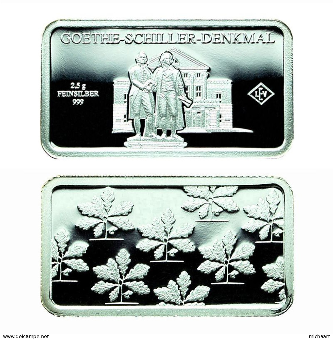 Germany Silver Ingot Bar Proof 2.5g Landmarks Goethe Schiller Monument 03858 - Gedenkmünzen