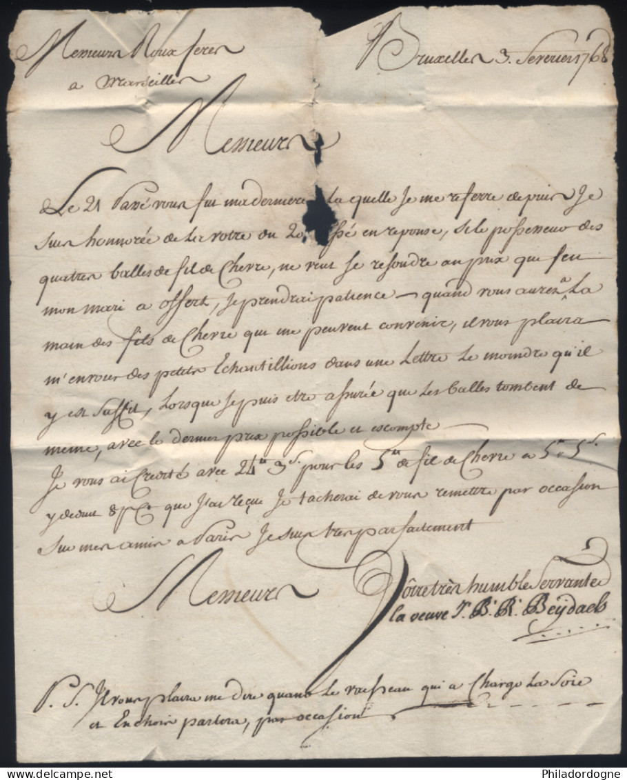 Belgique - LaC Griffe Bruxelles Pour Marseille - 03/02/1768 - 1714-1794 (Oostenrijkse Nederlanden)