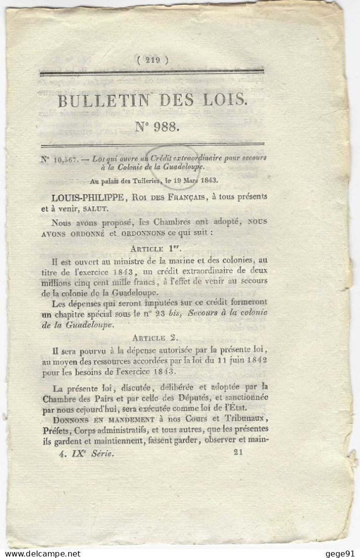 Bulletin Des Lois 988 _ 1843 - Voir Le Descriptif Pour Le Contenu - Gesetze & Erlasse