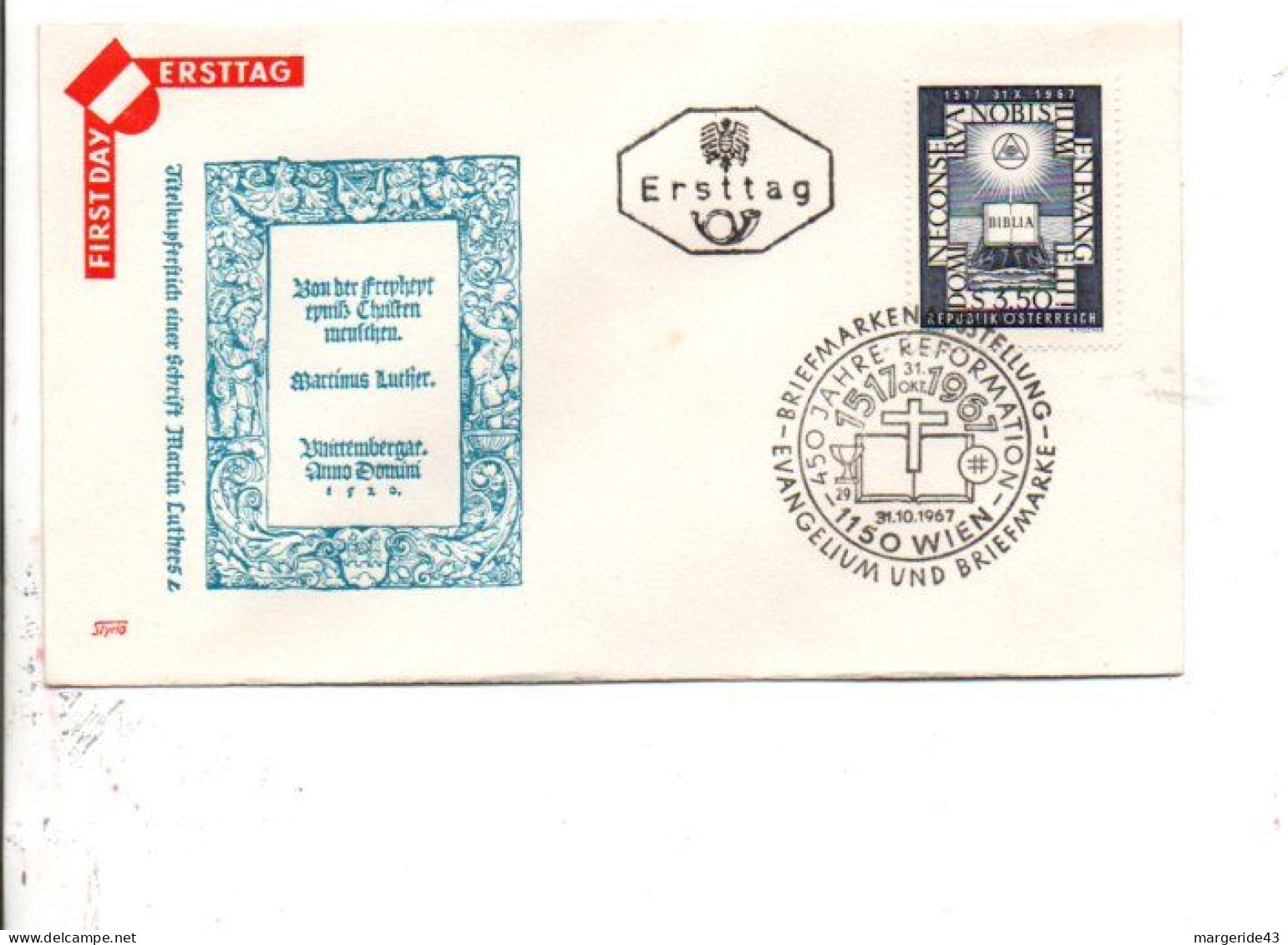 AUTRICHE FDC 1967 BIBLE ET 450 ANS DE LA REFORME - FDC