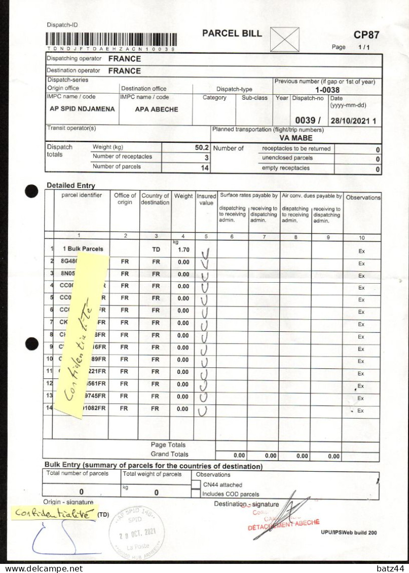 PARCEL BILL AP SPID Ndjaména Du 28/10/2021 Pour Abéché Document Joint Aux Sacs Des Courriers En Provenance De Ndjamena - Bolli Militari A Partire Dal 1900 (fuori Dal Periodo Di Guerra)