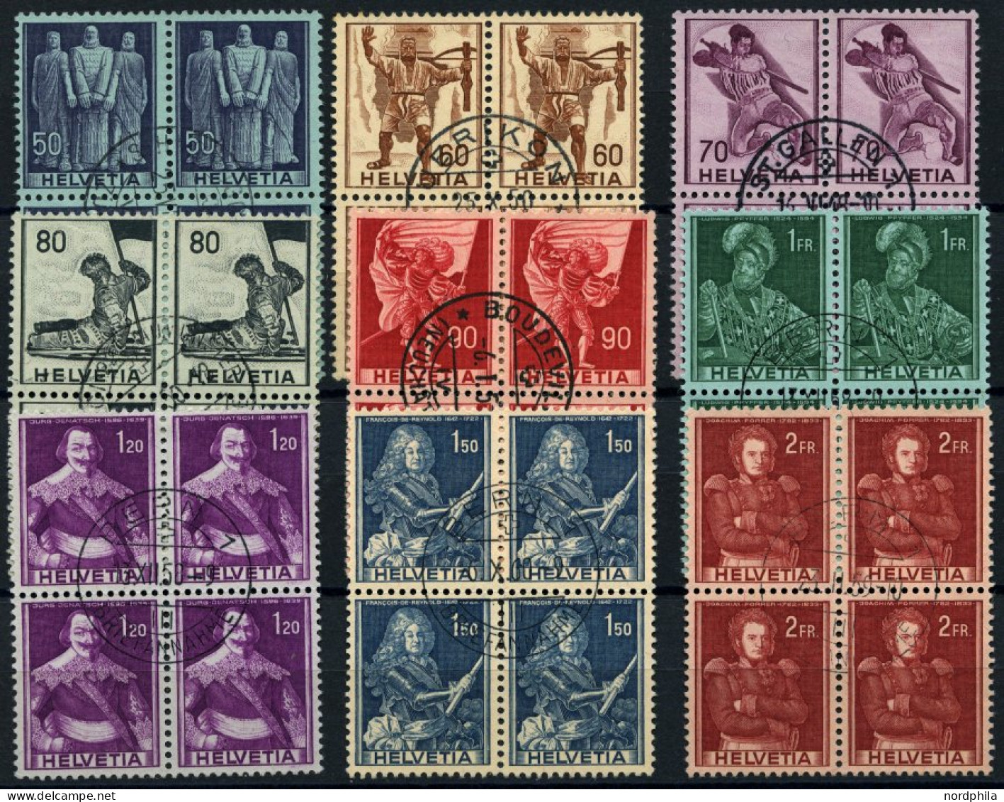 SCHWEIZ BUNDESPOST 377-85  VB O, 1941, Historische Darstellungen In Zentrisch Gestempelten Viererblocks, Prachtsatz - Gebruikt