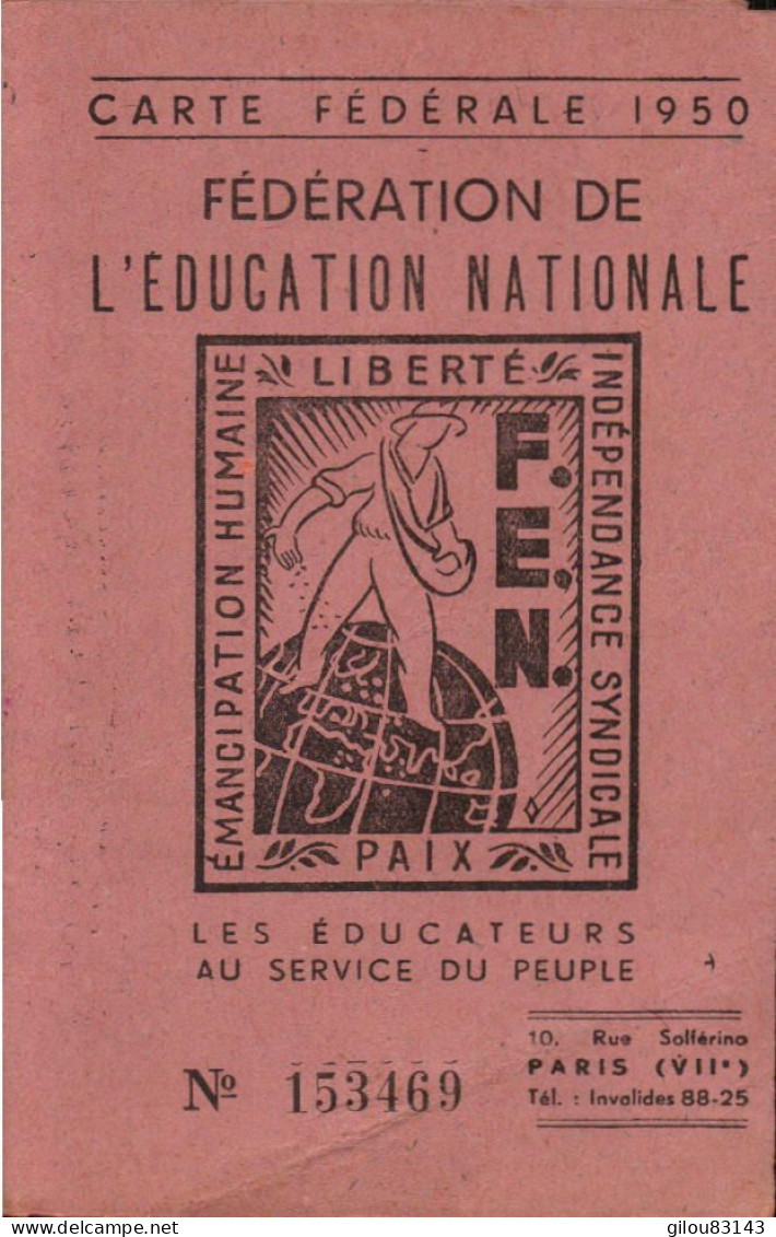 Carte Federale F.E.N., Timbres Vignettes, 1950 - Cartes De Membre