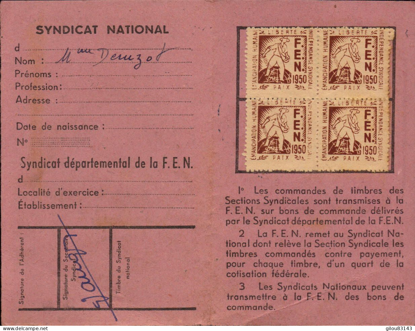 Carte Federale F.E.N., Timbres Vignettes, 1950 - Cartes De Membre