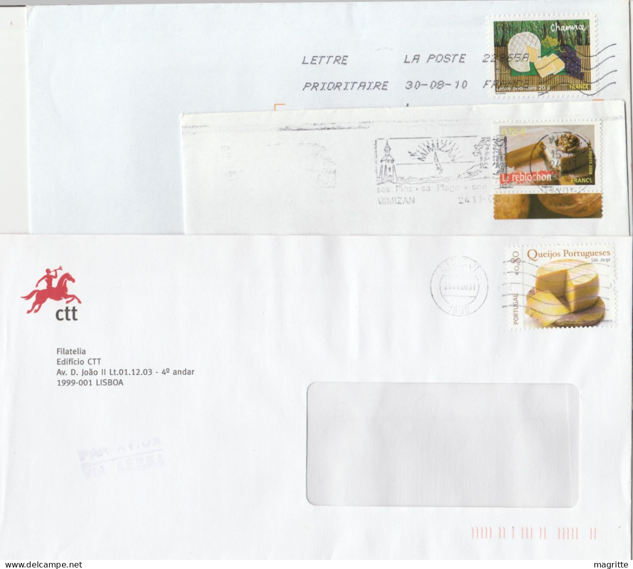 Fromage 3 Enveloppes Voyagées Timbres Sur Lettre Chaource Reblochon France Portugal Fromages Cheese 3 Travelled Covers - Levensmiddelen