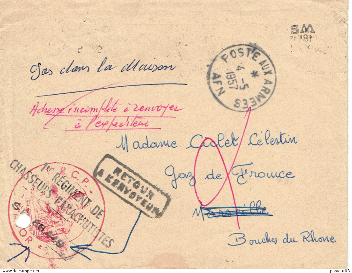 1er Régiment De Chasseurs Parachutistes SP 88449 TaD Postes Aux Armées AFN Du 4-5-1957 Retour Envoyeur - Covers & Documents