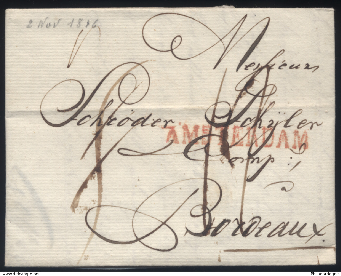 Pays-Bas - LaC Griffe Amsterdam Pour Bordeaux - 02/11/1814 - ...-1852 Prephilately