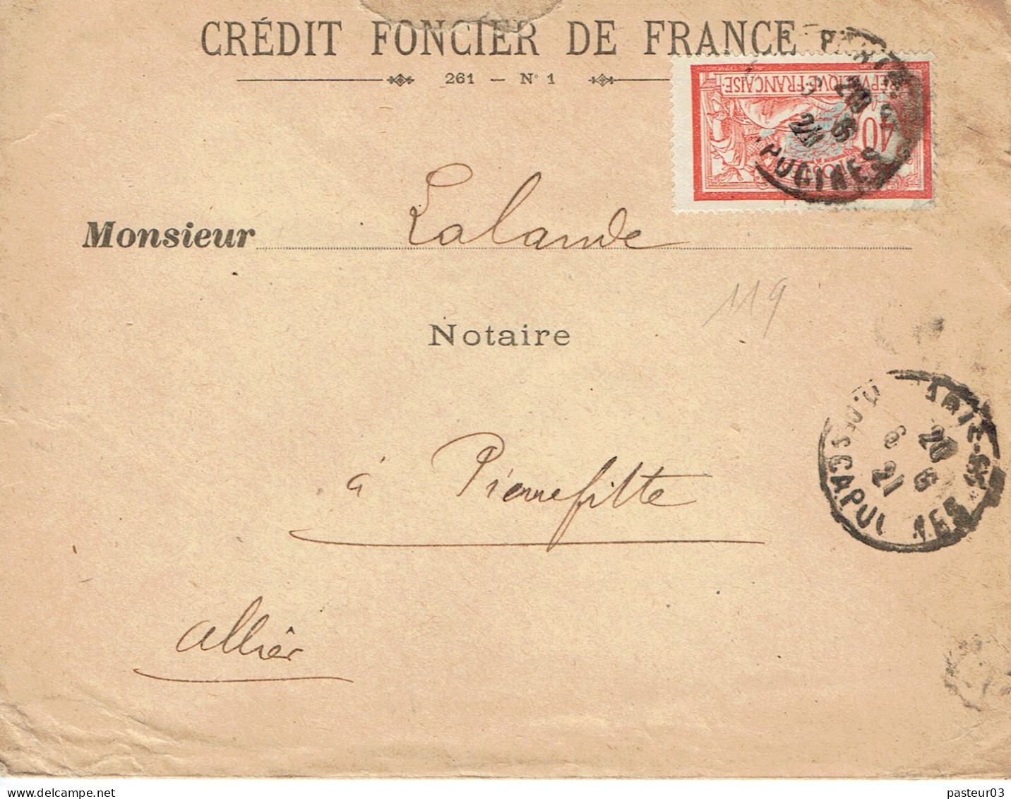 119 Merson 40 C. Organge Lettre De Paris Pour Pierrefite (Allier) 6-5-1921 - 1900-27 Merson