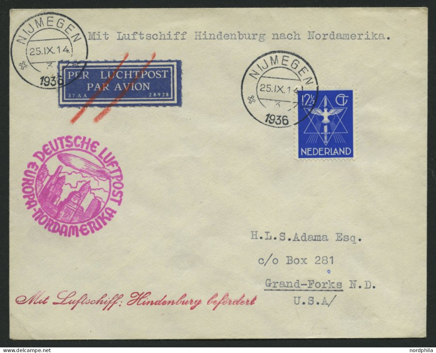 ZULEITUNGSPOST 439 BRIEF, Niederlande: 1936, 9. Nordamerikafahrt, Prachtbrief - Zeppeline