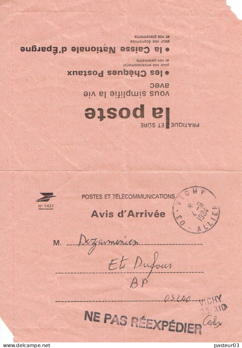 Avis D'Arrivée Du 04-09-1984 Vichy Allier - Storia Postale