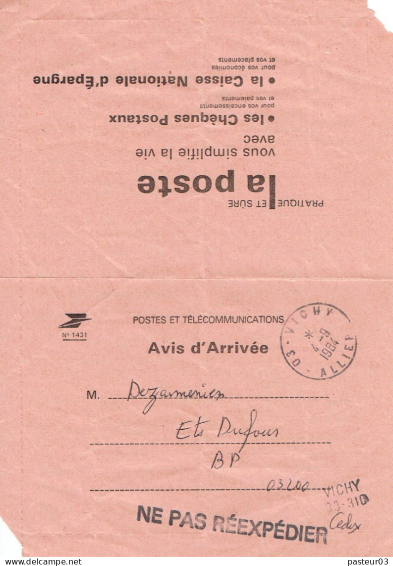 Avis D'Arrivée Du 04-09-1984 Vichy Allier - Cartas & Documentos